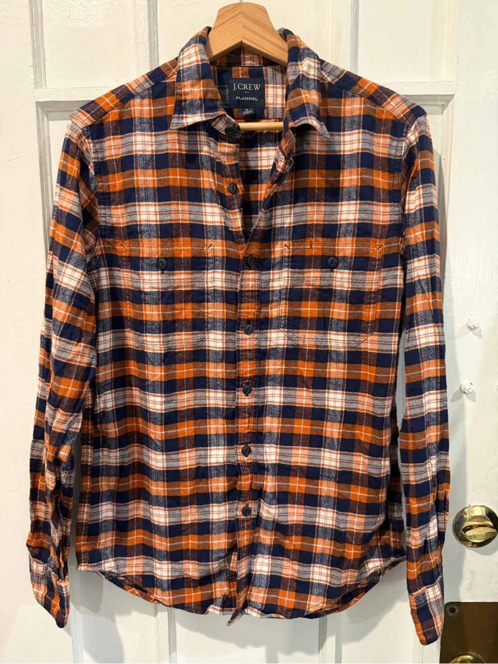 J. Crew Orange, Navy & White Plaid Flannel Button-Down Shirt